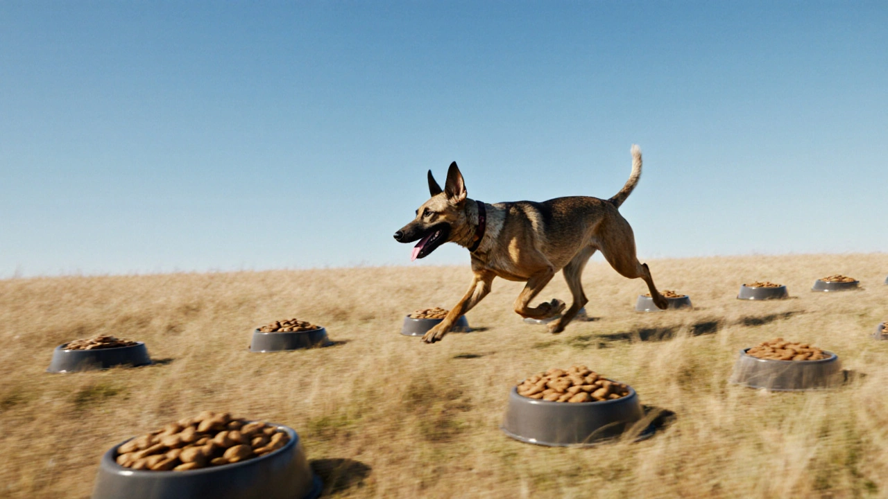 Быстрая собака бежит по полю, за ней полупрозрачные миски с едой.