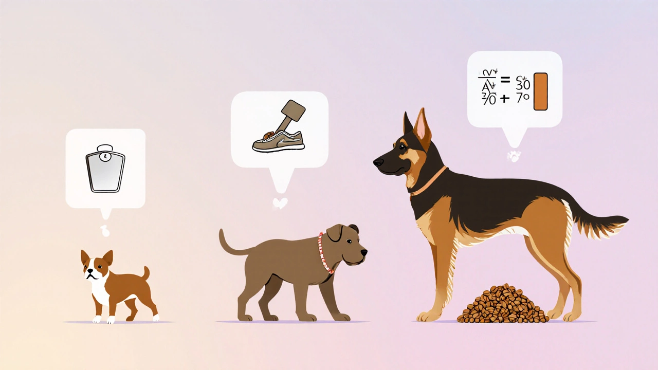 Чихуахуа, бульдог и немецкая овчарка с иконками веса и активности, показывающие разные порции.