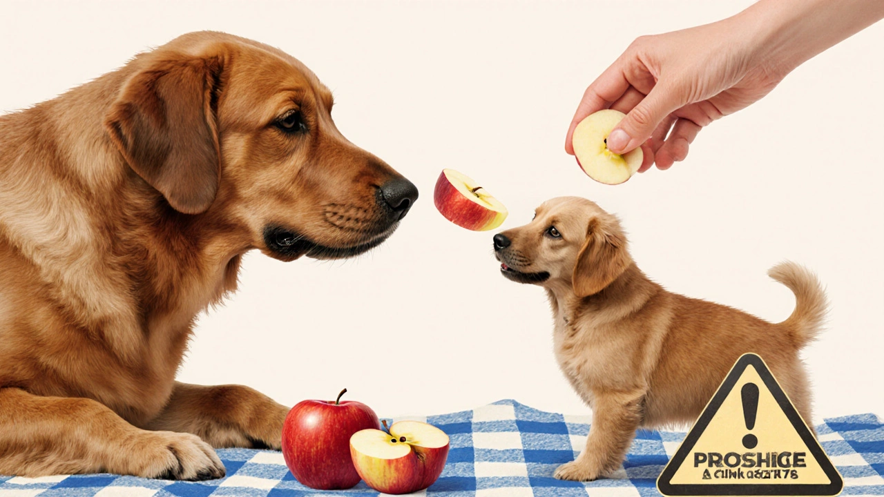 Две собаки разного размера получают порции яблока от руки человека.