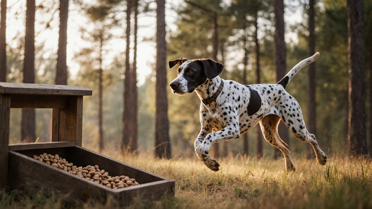 Энергичный охотничий пёс мчится по лесу, рядом — три маленьких кучки корма на деревянной стойке.
