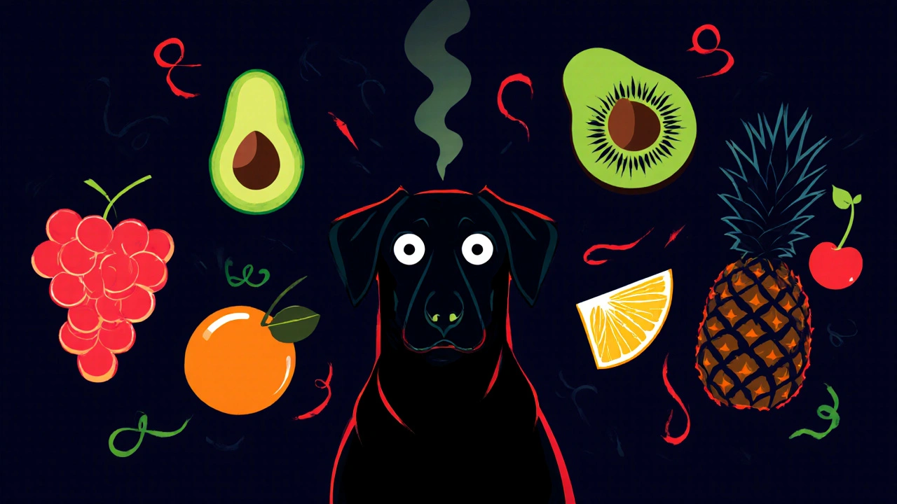 Грозные фрукты (виноград, авокадо, киви, вишня, ананас) окружат собаку.