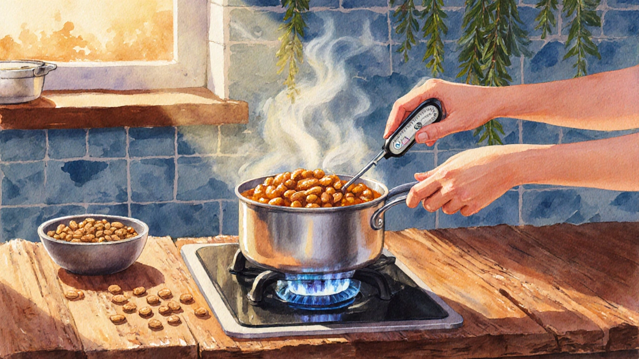 Хозяин разогревает консерву в паровой бане, рядом сухой корм.