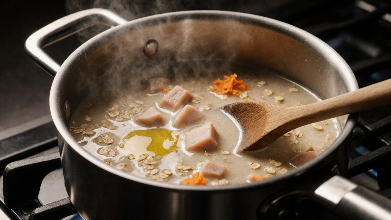 Крупа, курица и морковь варятся в кастрюле, из неё поднимается пар.