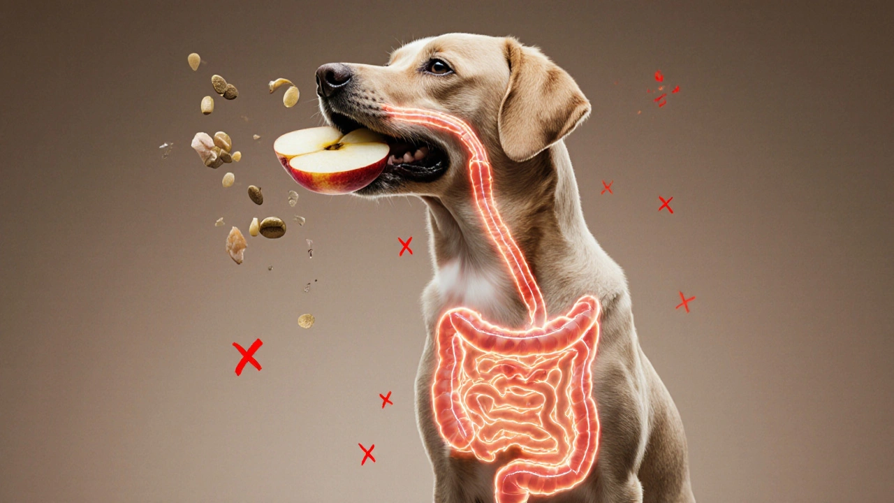 Прозрачный силуэт собаки с безопасным путем яблока через пищеварительный тракт.