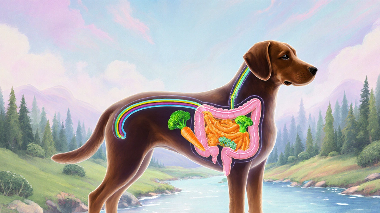 Прозрачный силуэт собаки с потоками питательных веществ в кишечнике, фон — природа.