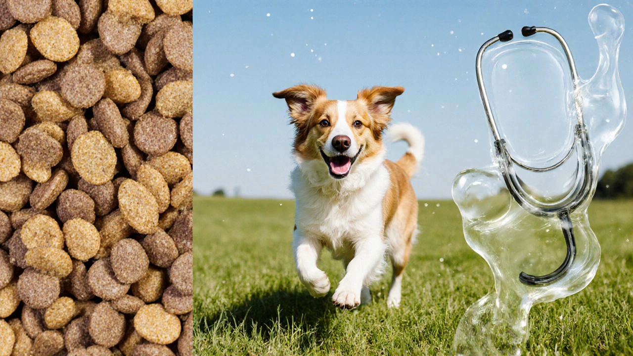 Разделённый кадр сухой и влажный корм, здоровая собака бежит по полю.