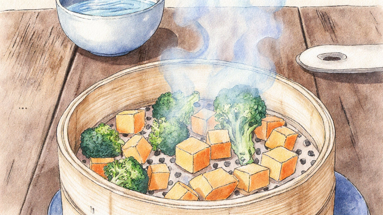 Рисунок, где овощи готовятся на пару в бамбуковом пароварке.