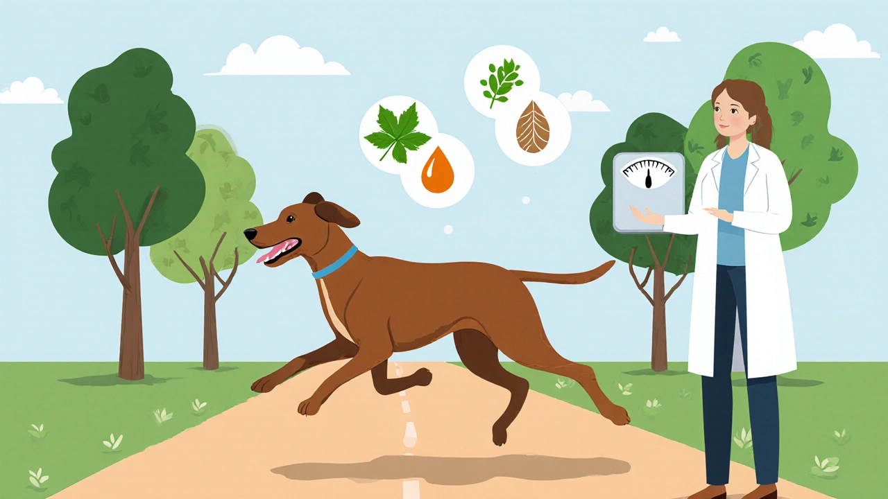 Счастливая худенькая собака бегает в парке, рядом ветеринар держит весы.