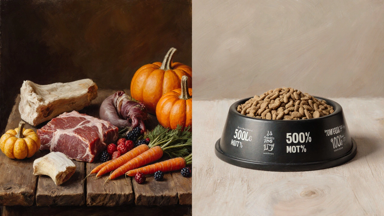 Сцена сравнения естественного рациона с сухим кормом: мясо и кости рядом с чашкой корма.