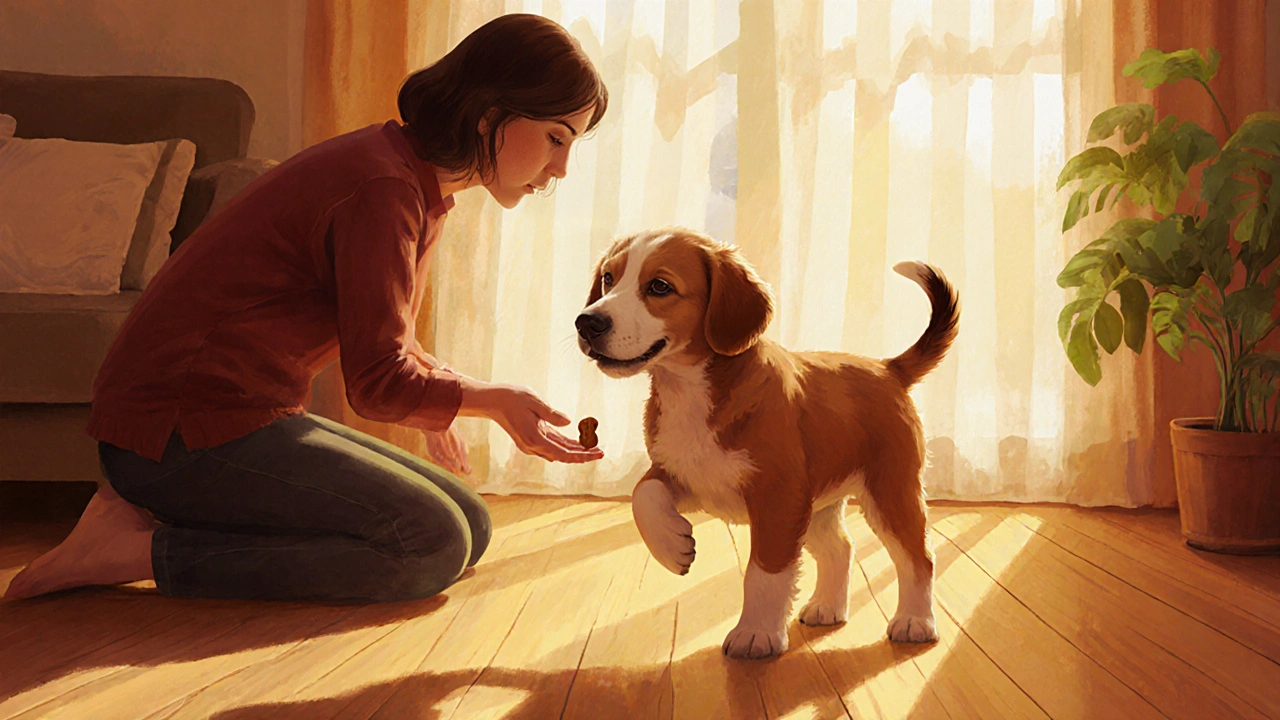 Щенок 8‑12 недель трётся головой о руку хозяина, получает лакомство.