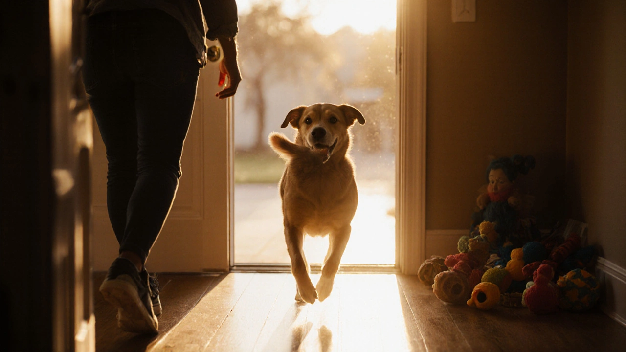 Собака бежит к человеку у двери, виляя хвостом.