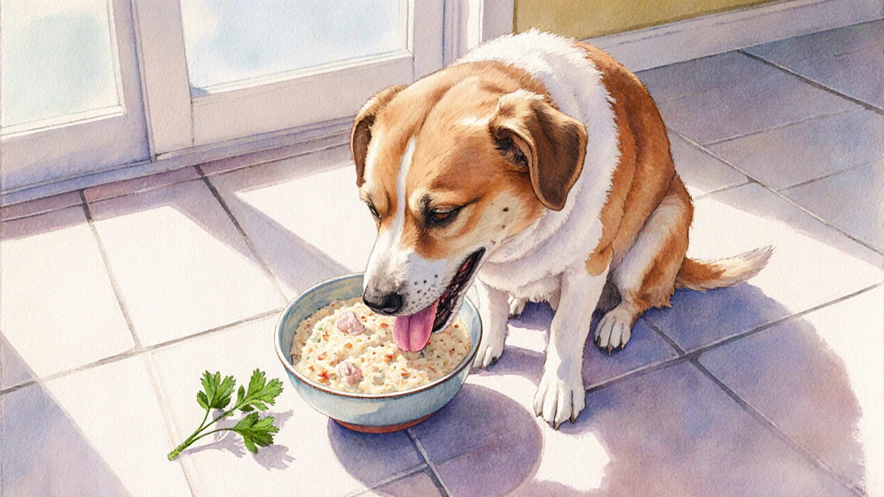 Собака ест миску с домашней куриной кашей.