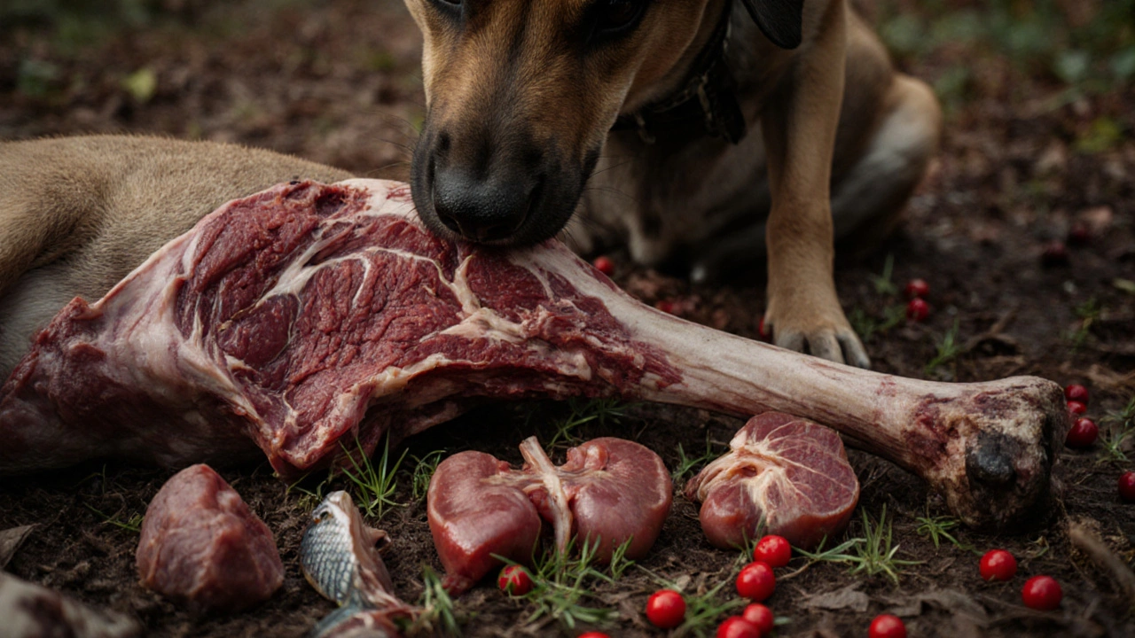Собака ест свежую добычу: мясо, кости с мозгом, органы, рыбу, ягоды.