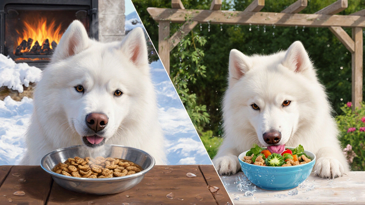 Собака ест теплый корм в зиме и холодный в летнем саду.