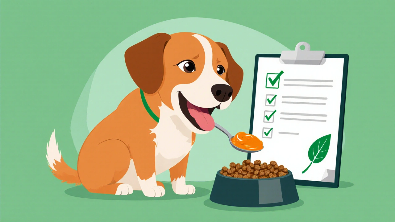 Собака ест тыквенное пюре, рядом символы здоровья и питания.