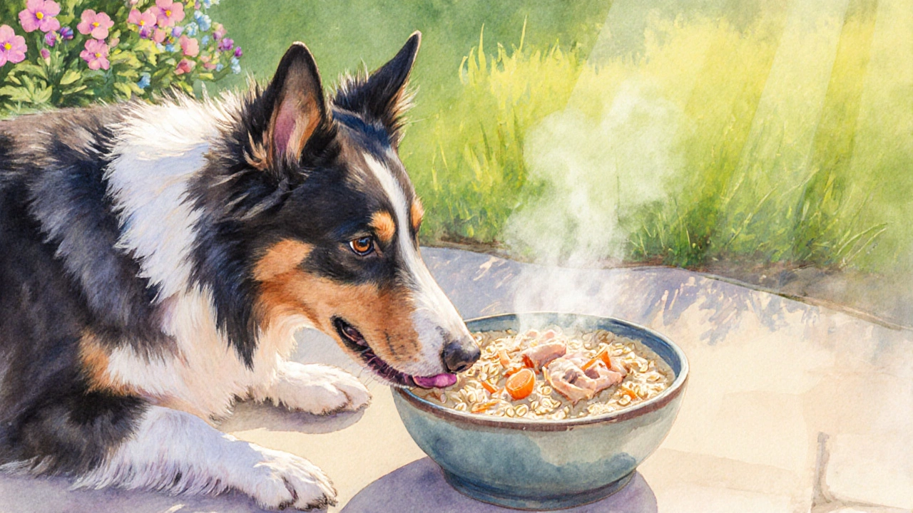 Собака наслаждается теплой миской домашней каши на солнечном патио.