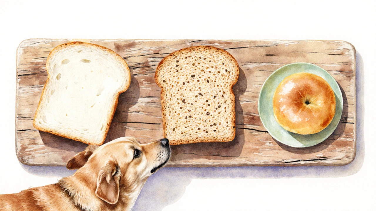 Собака нюхает три разные ломтики хлеба: белый, цельнозерновой и безглютеновый.