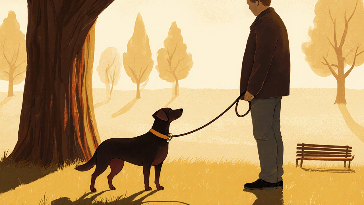 Собака остановилась и смотрит на владельца, поводок не натянут, вокруг тихая улица.