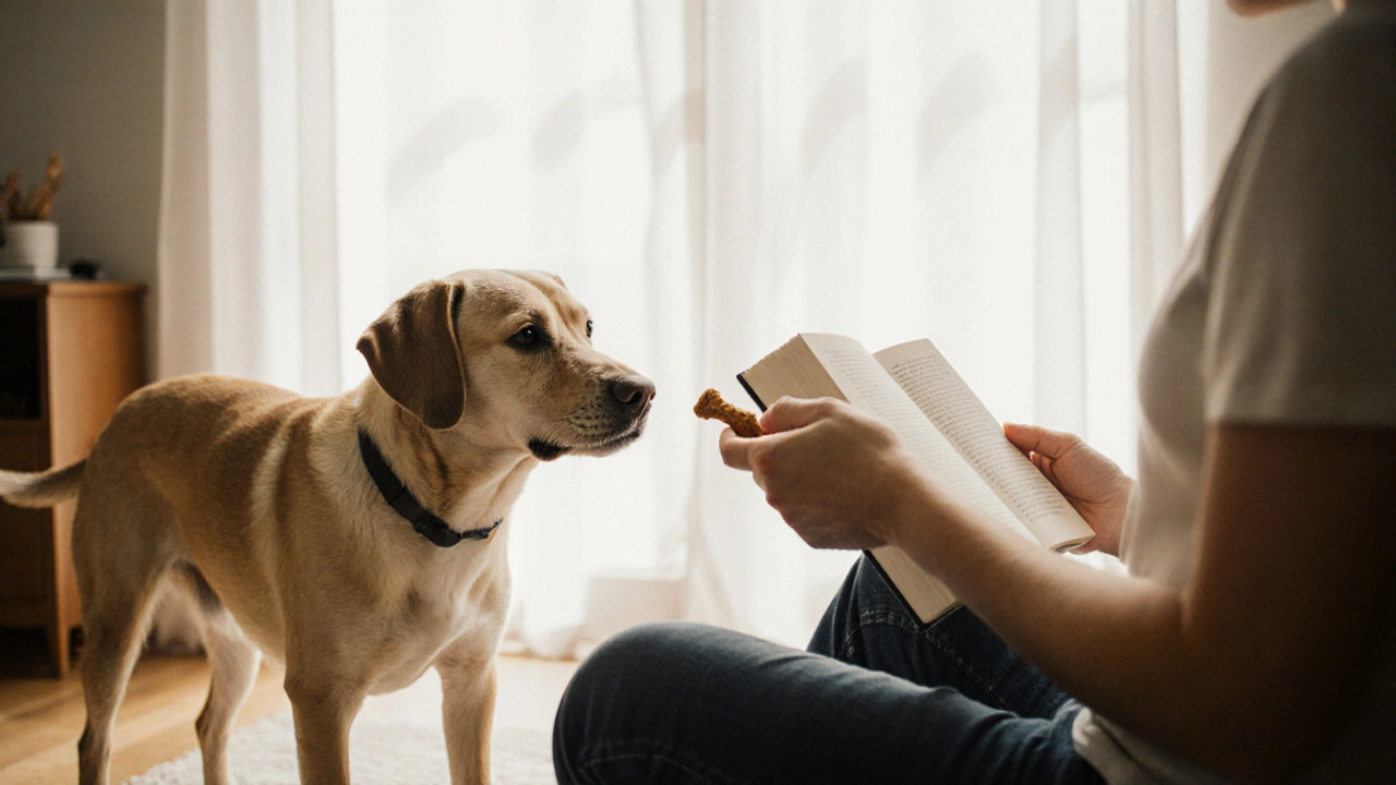 Собака осторожно подходит к человеку, сидящему на полу.