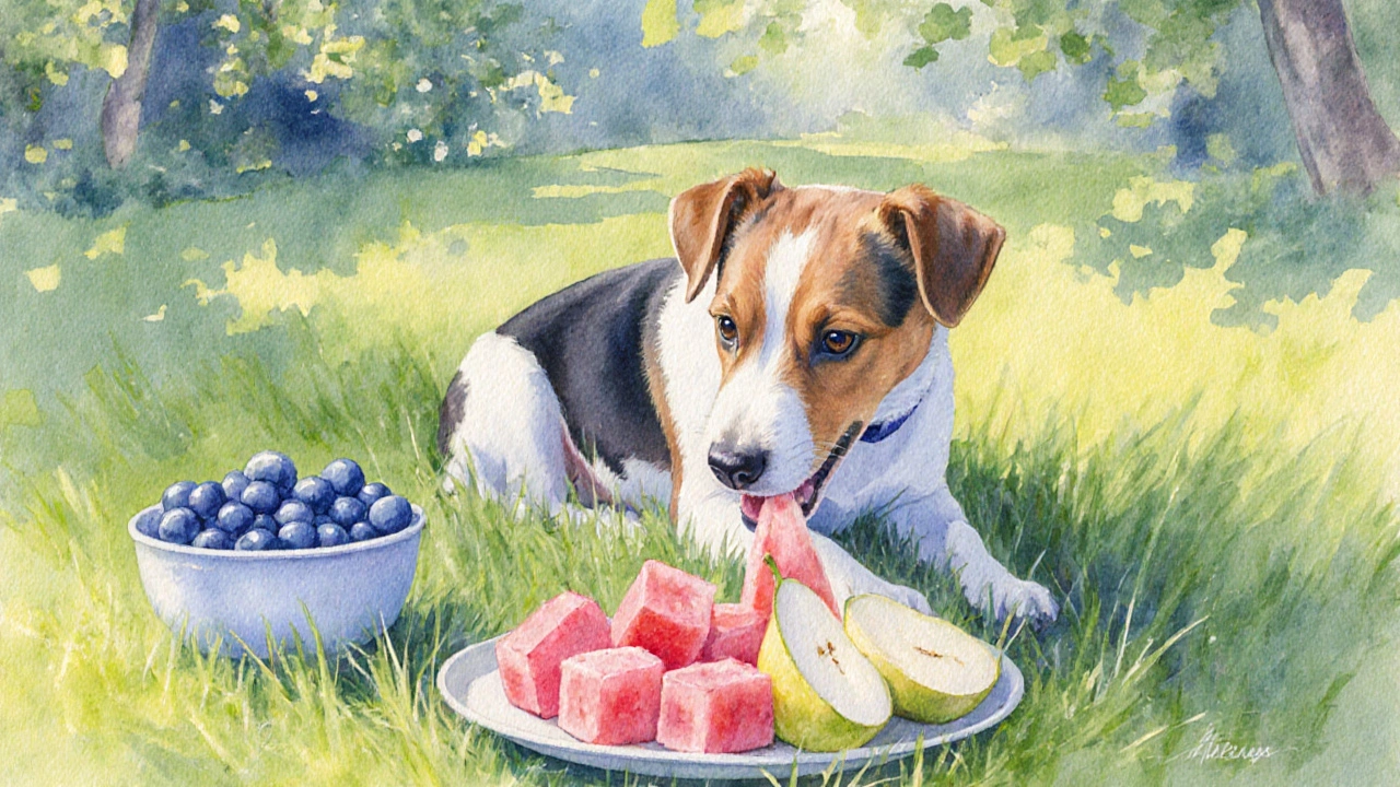 Собака получает безопасные фрукты: яблоко, черника, арбуз, груша.