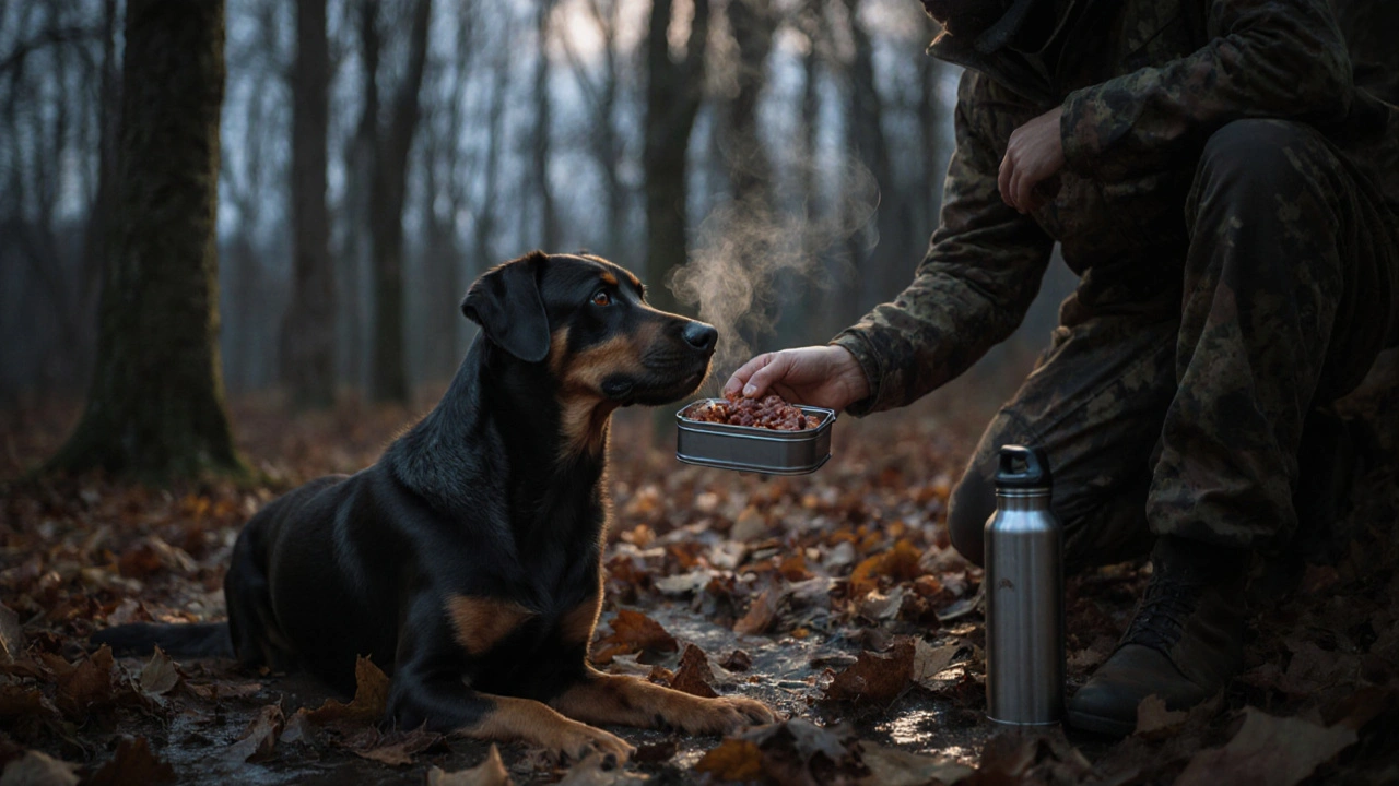 Собака получает после охоты порцию сушёного мяса и печеночной пасты в лесу при сумерках.