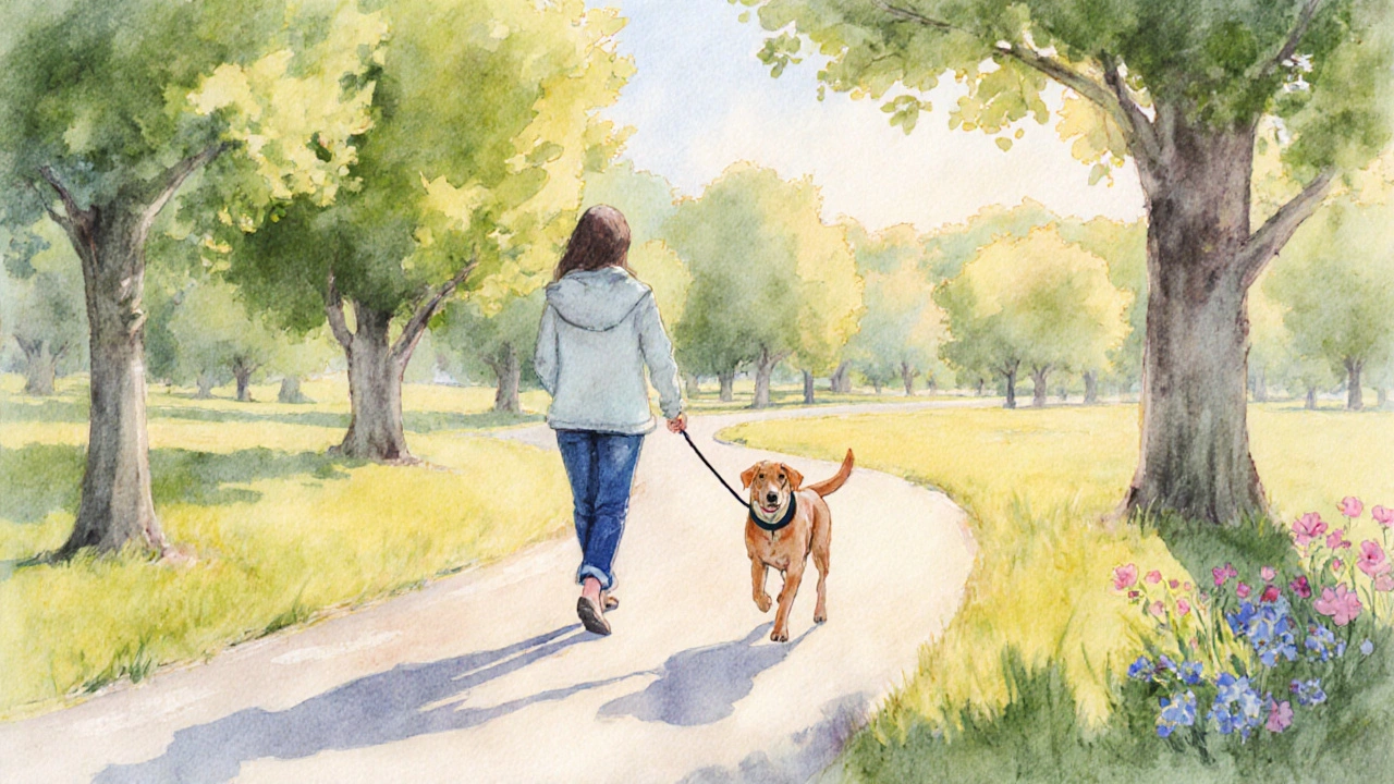 Собака спокойно идёт рядом с хозяином в парке, поводок свободен.