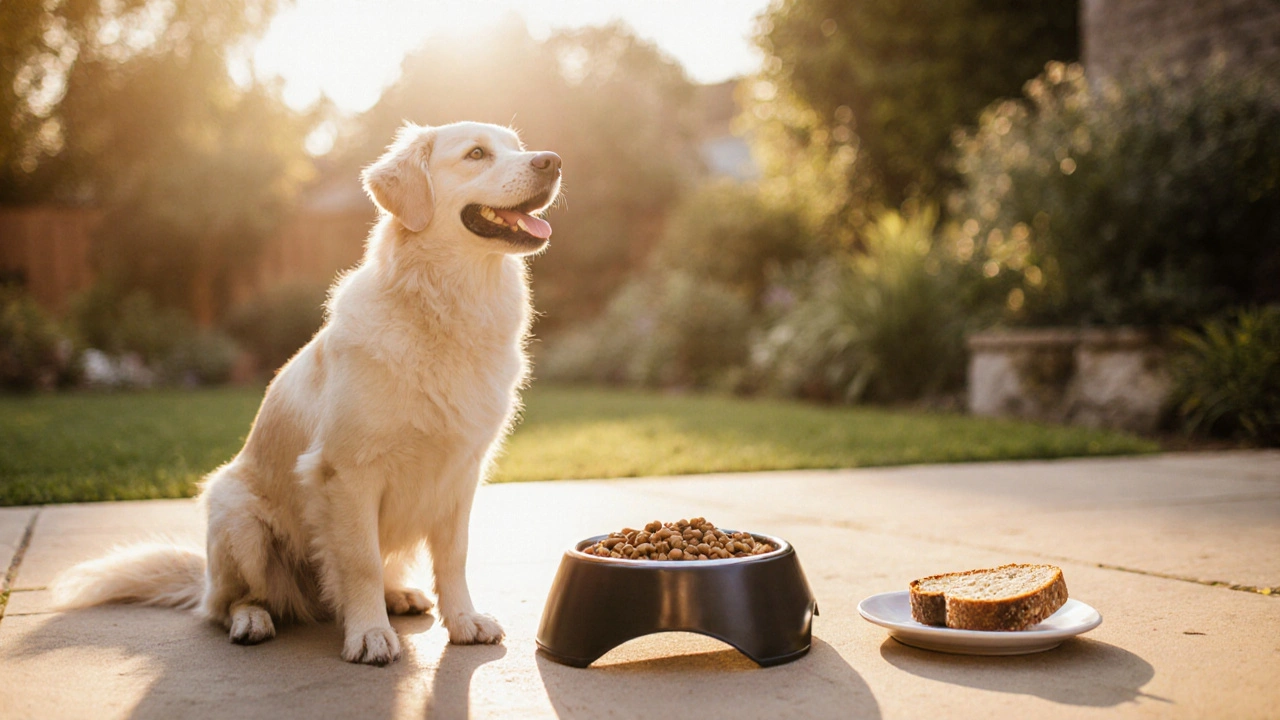 Собака у миски с едой, рядом маленькая кусочка хлеба, на фоне солнечной террасы.