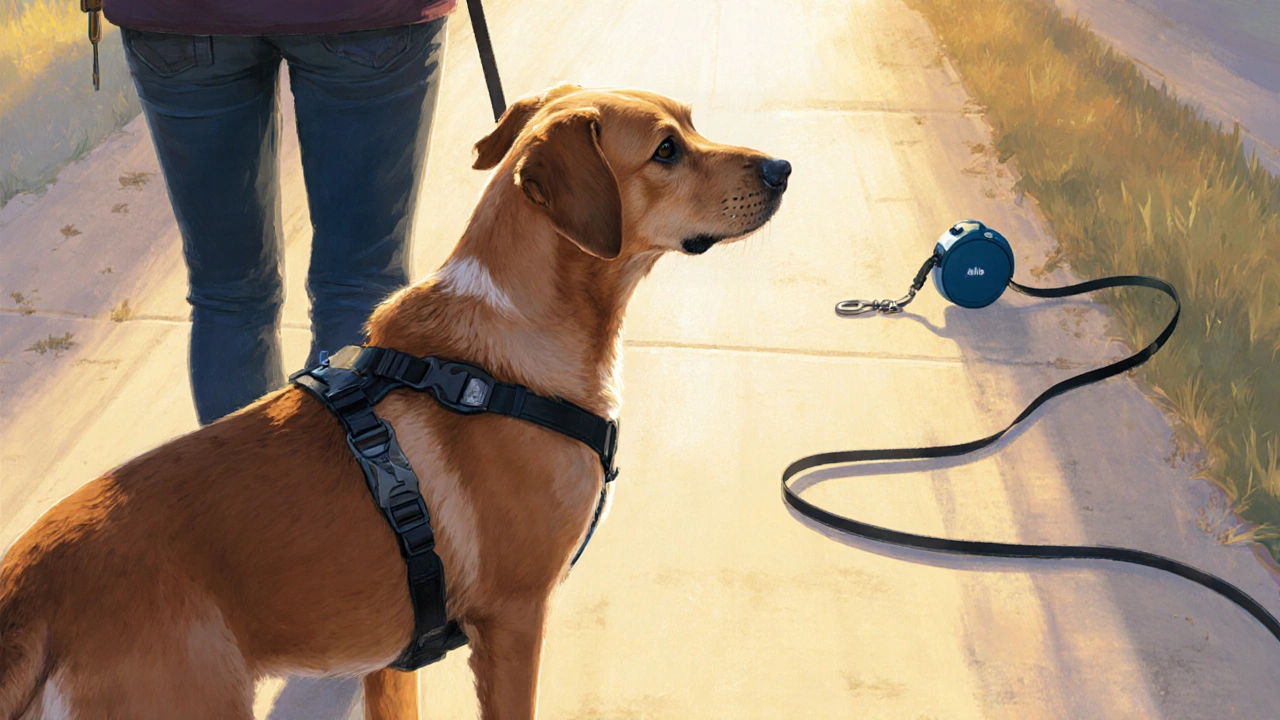 Собака в шлейке с креплением на груди поворачивается к владельцу во время прогулки.