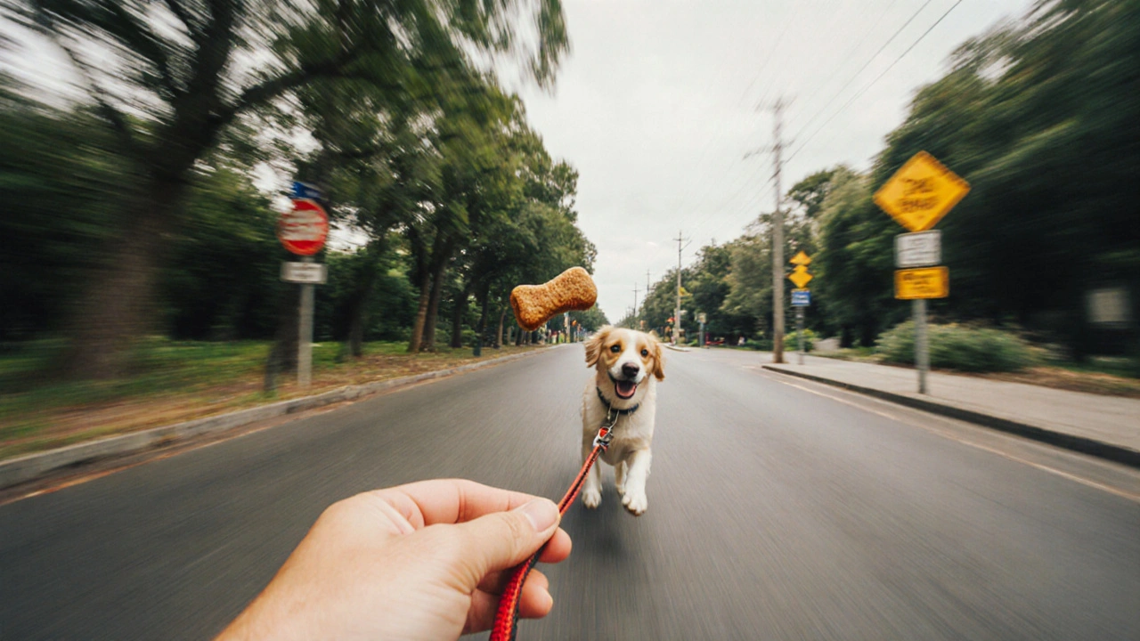 Собака видит размытый мир вокруг, но фокус на руке с поводком и лакомством.