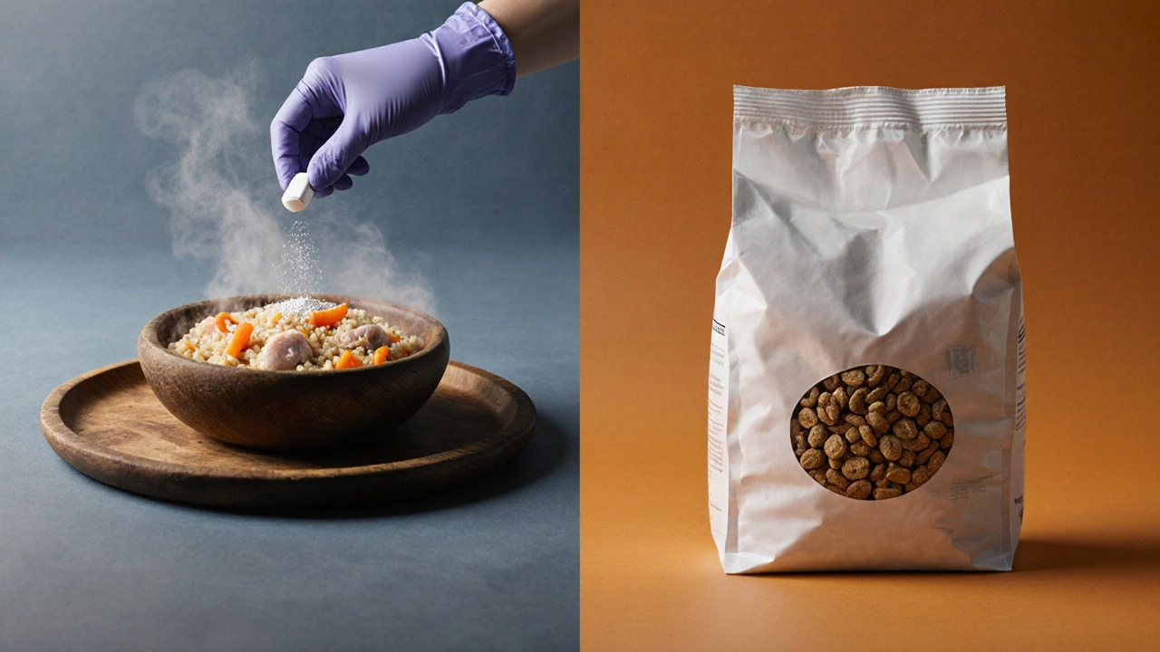 Сравнение домашней каши и сухого корма рядом с добавкой кальция.