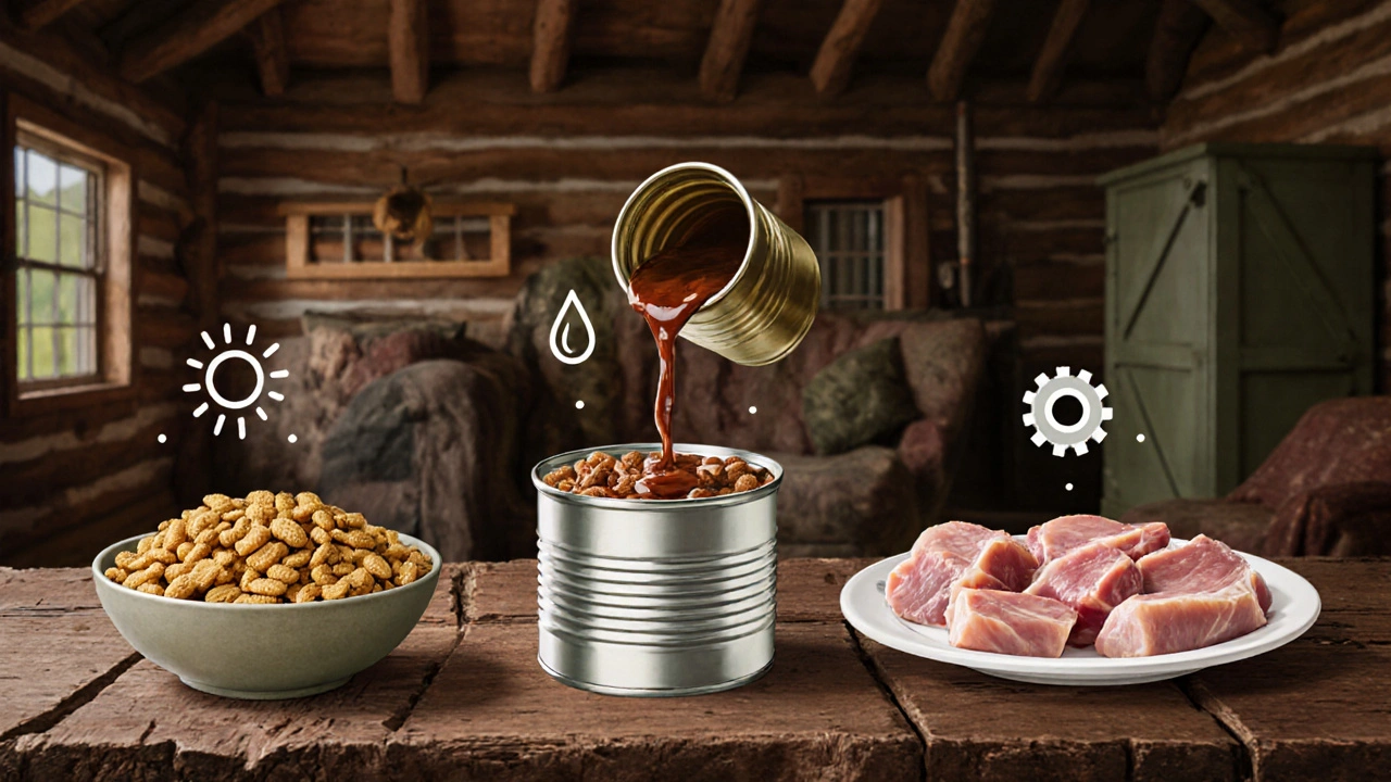 Три миски с сухим кормом, влажным кормом и свежим мясом на деревянном столе.