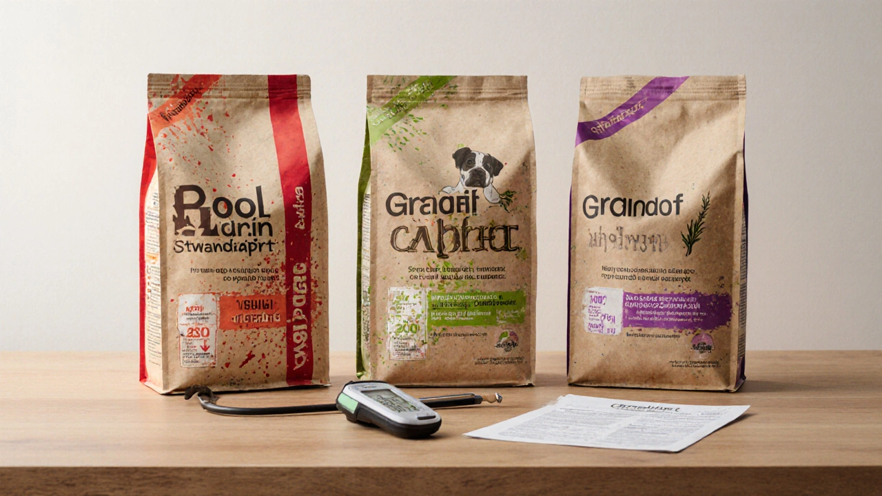 Три пакета корма: один с опасными добавками, другой с красителями, третий — с натуральными ингредиентами.