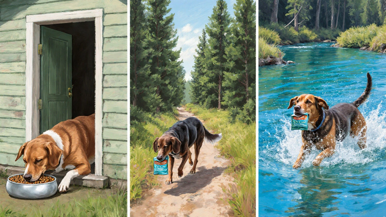 Три сценки: собака ест дома, на тропе и в реке, показывая разную активность.