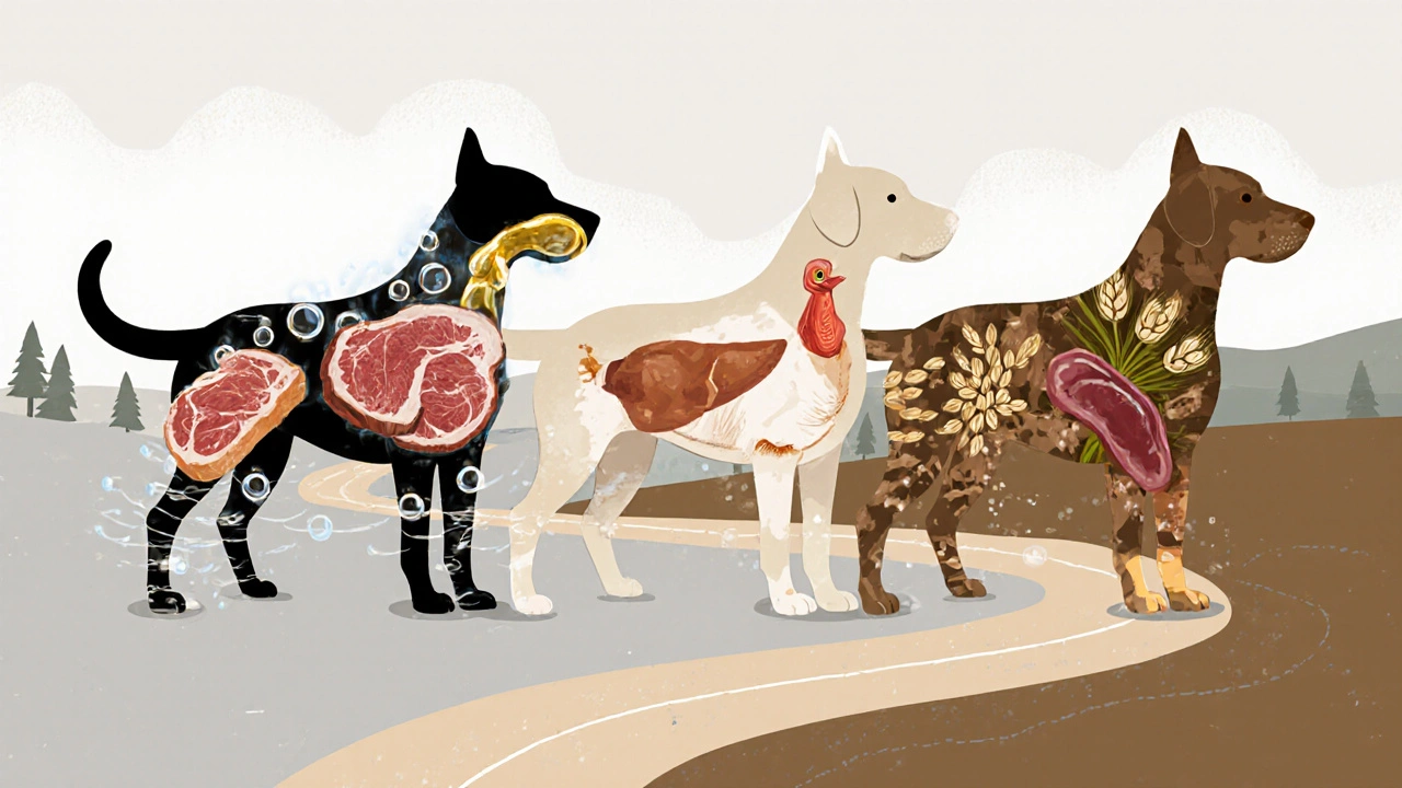 Три силуэта собаки с сезонными кормами: зимой — жирное мясо, летом — птица и вода, осенью — овёс и печень.