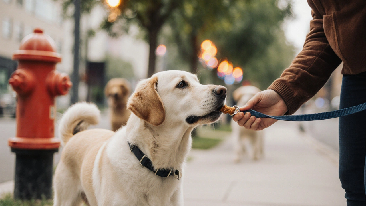 Вид с точки зрения собаки: запахи вокруг, но фокус на руке с лакомством и расслабленном поводке.