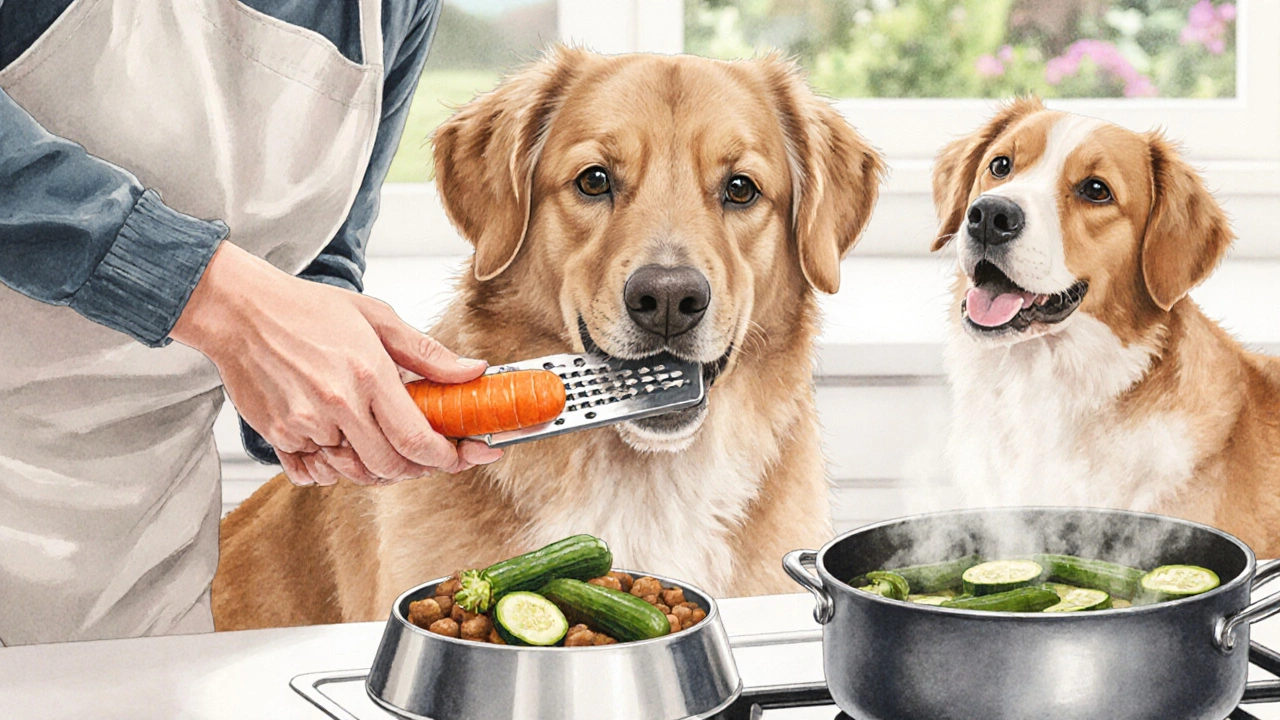 Владелец натирает морковь над миской с едой для собаки на кухне.
