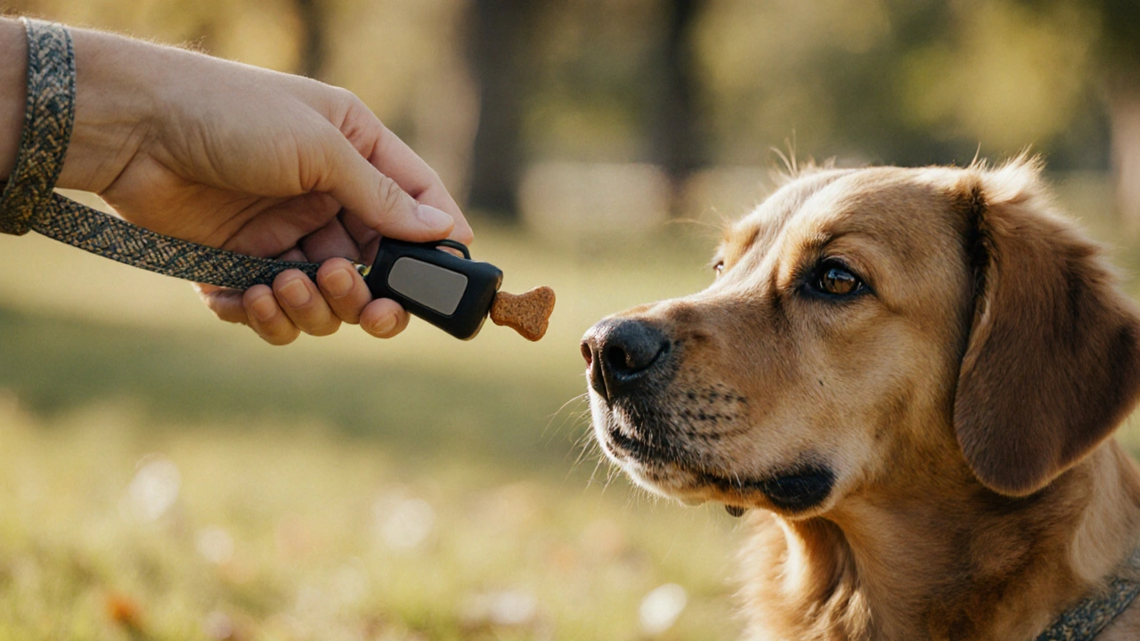 Владелец нажимает кликер и даёт лакомство собаке с коротким поводком.
