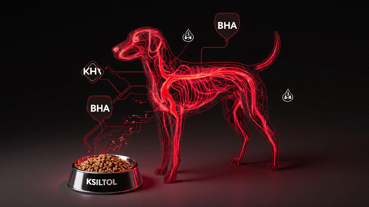 Внутренняя схема нервной системы собаки с токсинами из корма, светящимися красным.