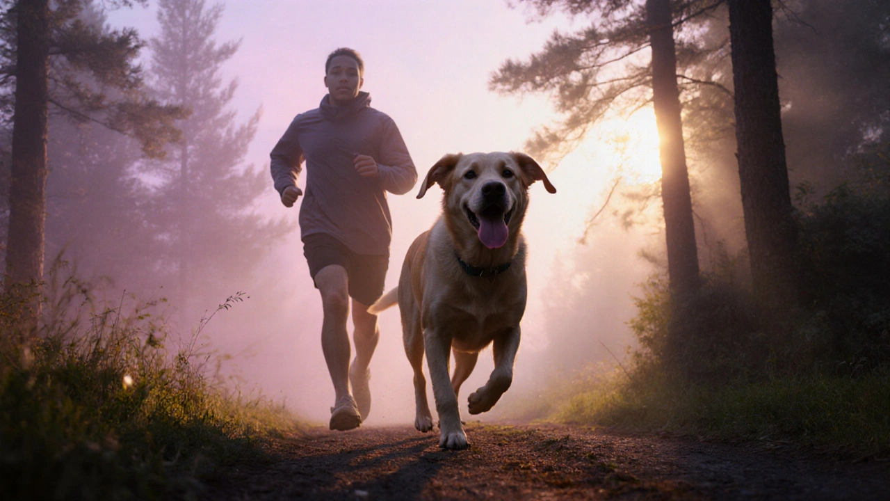 Взрослая собака бежит рядом с хозяином на рассвете в туманном лесу.