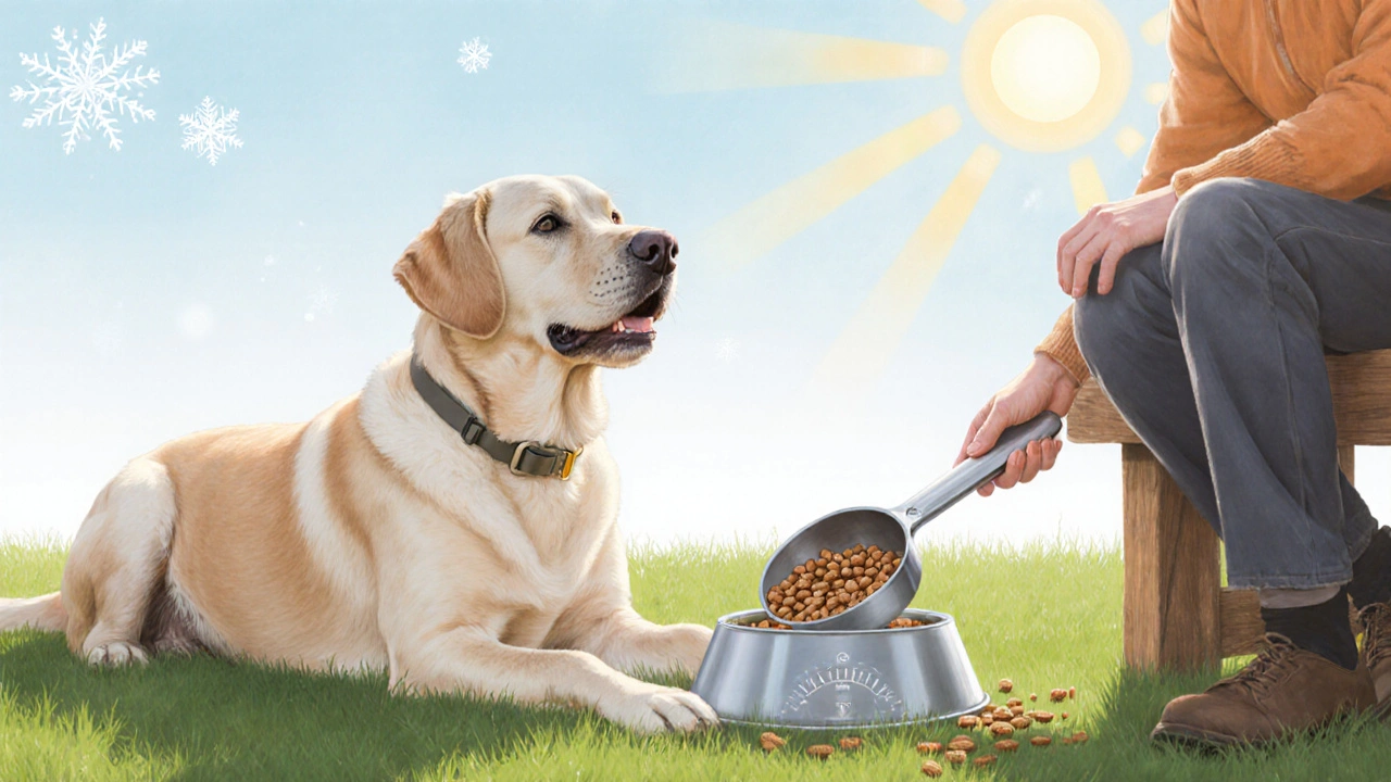 Здоровый лабрадор отдыхает на лугу, хозяин держит мерный стаканик корма, вокруг — зимний и летний фон.