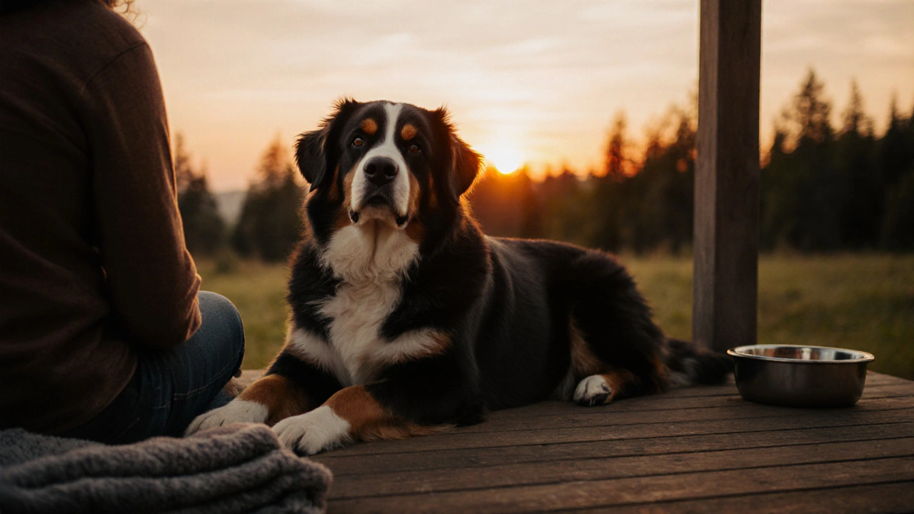 Бернский земляк спокойно лежит рядом с владельцем на веранде при закате.