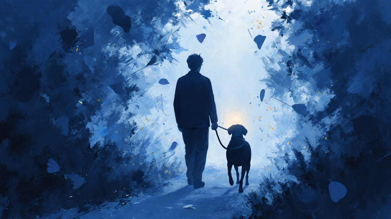 Два силуэта идут вместе, вокруг них рассеиваются отвлекающие факторы, символизируя доверие и выбор.