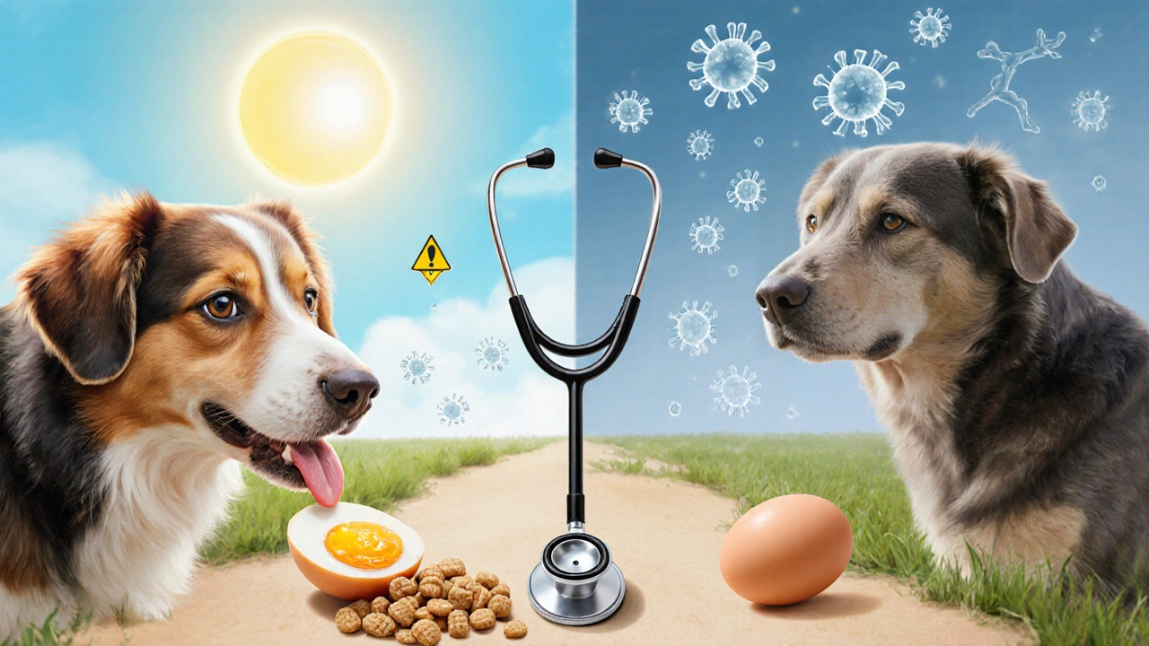 Две сцены: собака с блестящей шерстью ест вареное яйцо, другая — с сырым яйцом и предупреждающими знаками.