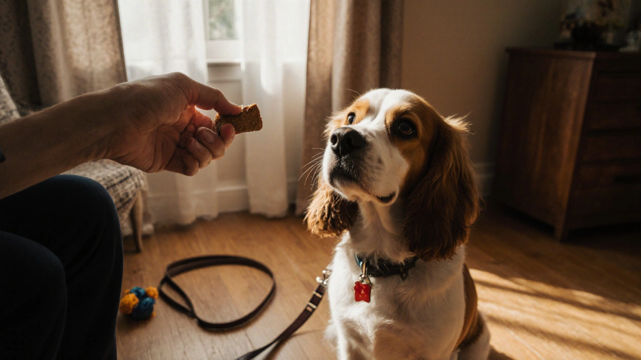 Кокер-спаниель смотрит на лакомство, готовый выполнить команду.