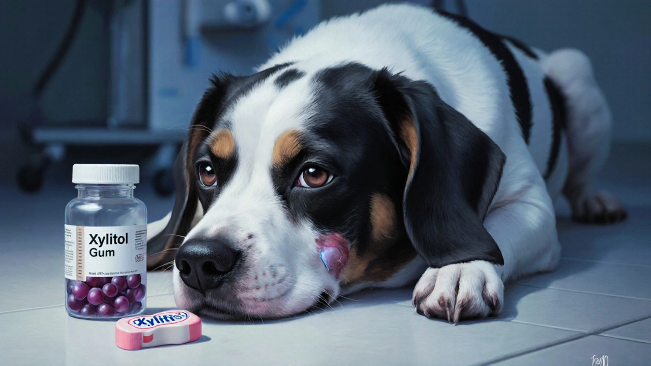 Маленькая собака слабо лежит в ветклинике, рядом лежат виноград и жевательная резинка.