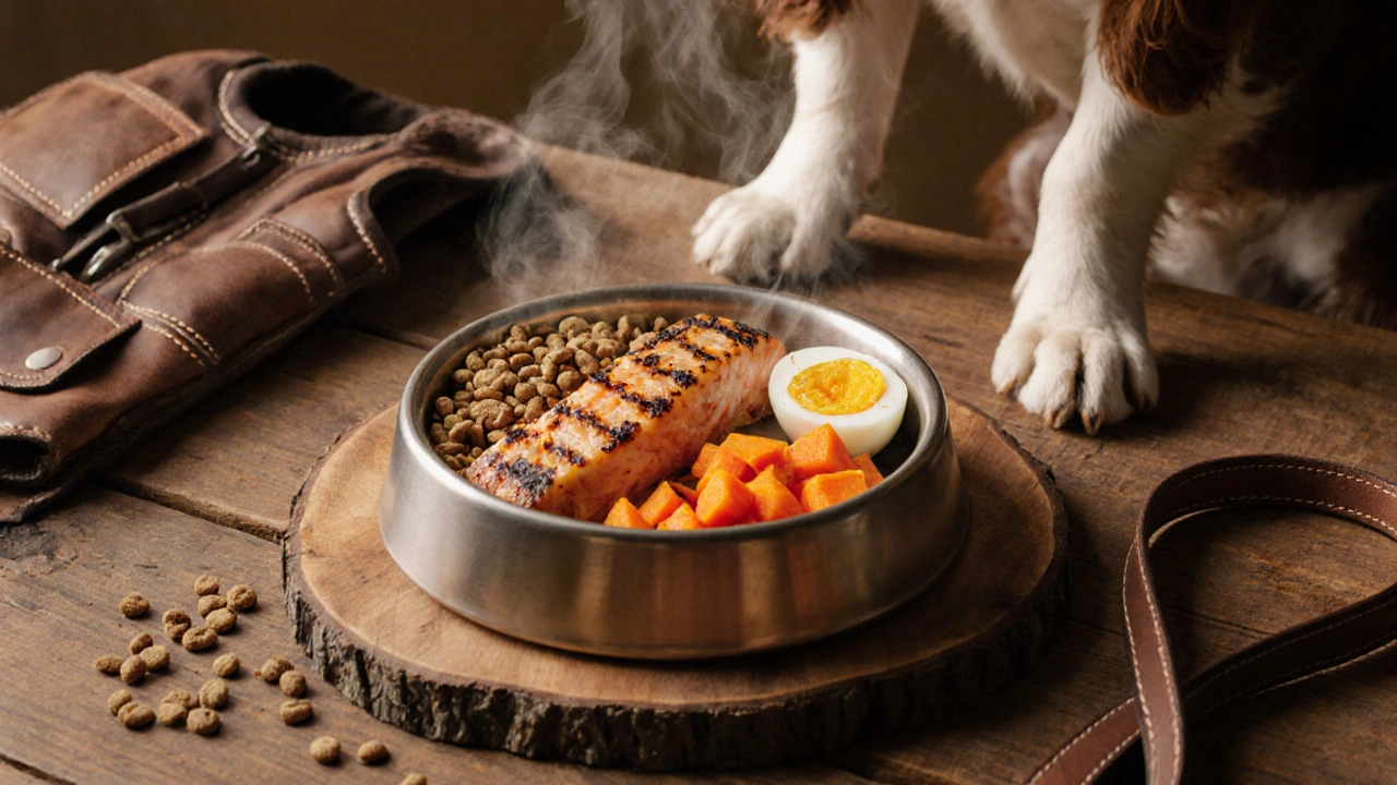 Миска с натуральной едой для спаниеля: курица, лосось, морковь, яйцо и корм.
