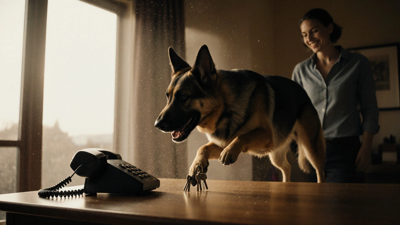 Немецкая овчарка приносит ключи и кладет их на стол.