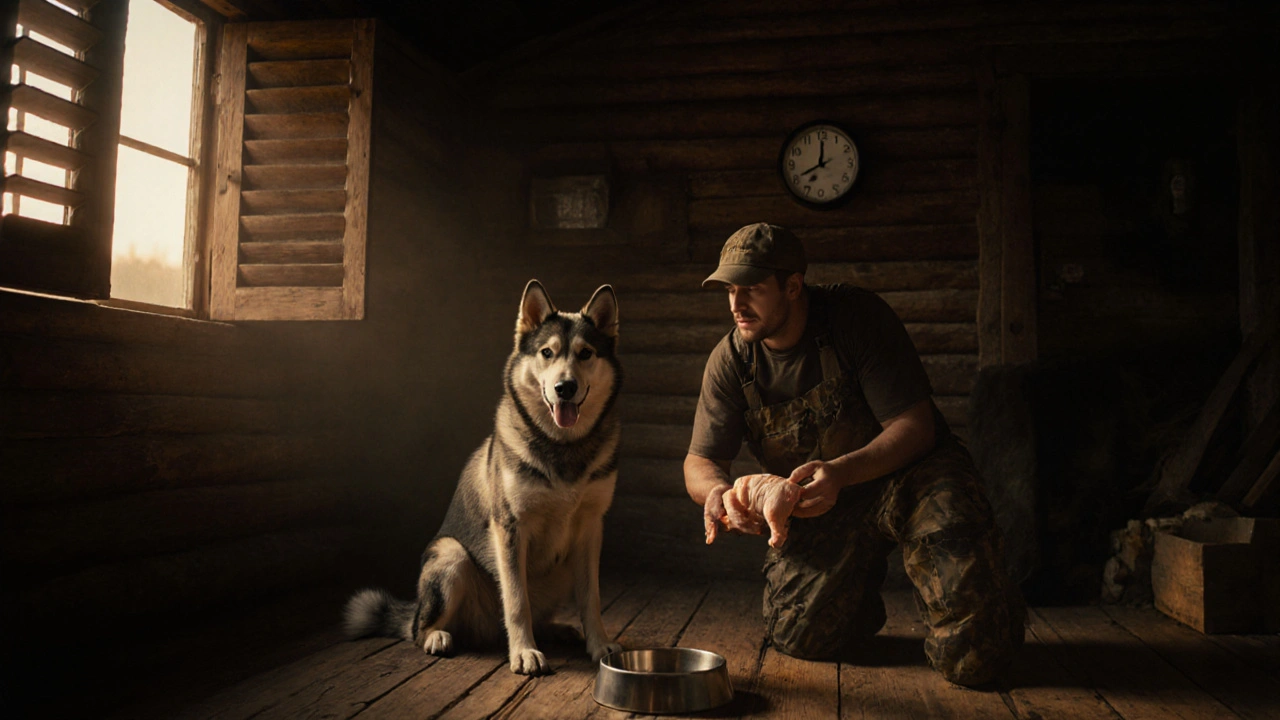 Охотничья собака получает лёгкий перекус после охоты, хозяин держит кусочек курицы.