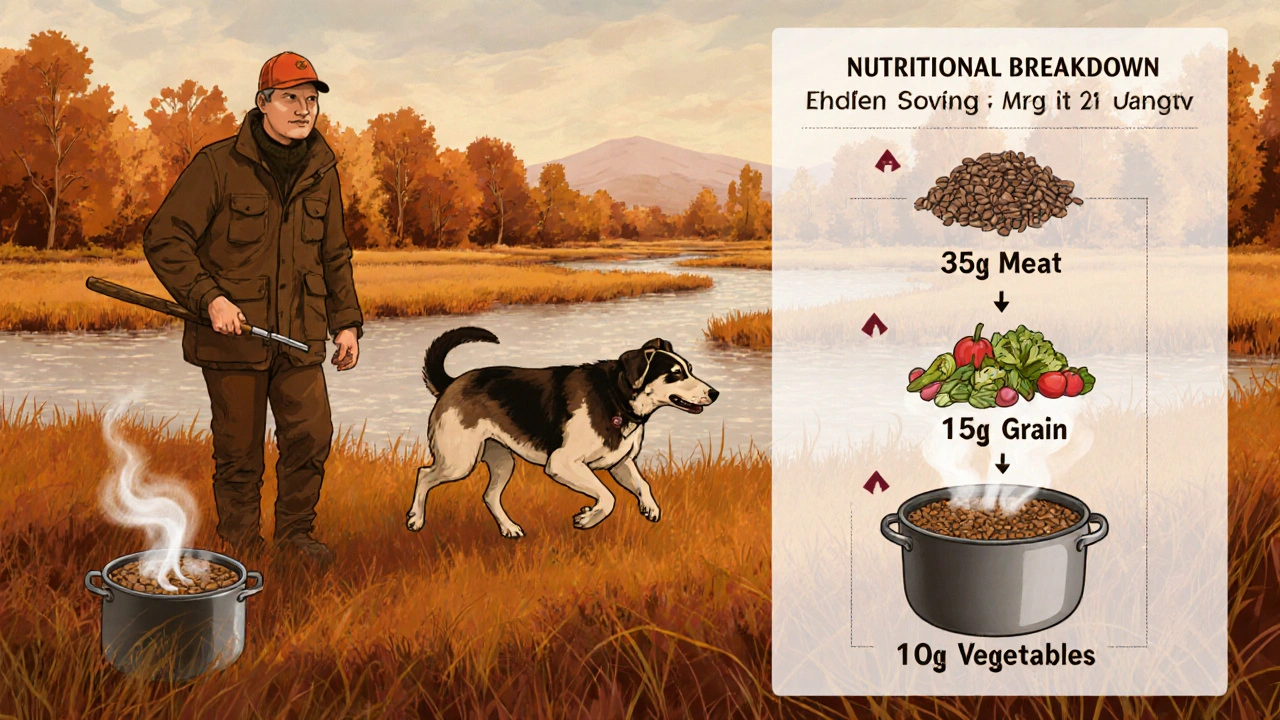 Охотник и собака в болоте, рядом — схема сбалансированного питания