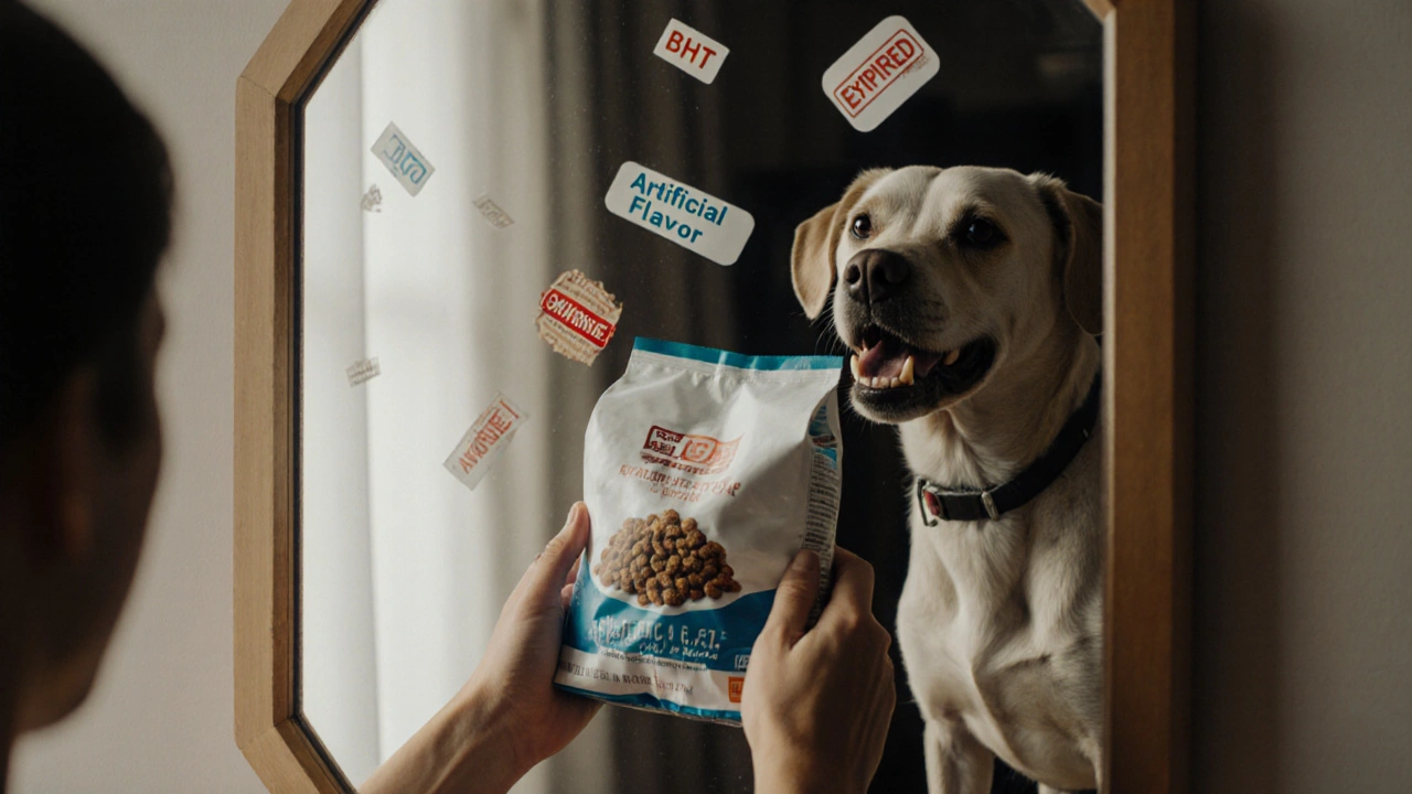 Отражение в зеркале: худая больная собака вместо хозяина, вокруг — надписи о вредных добавках.